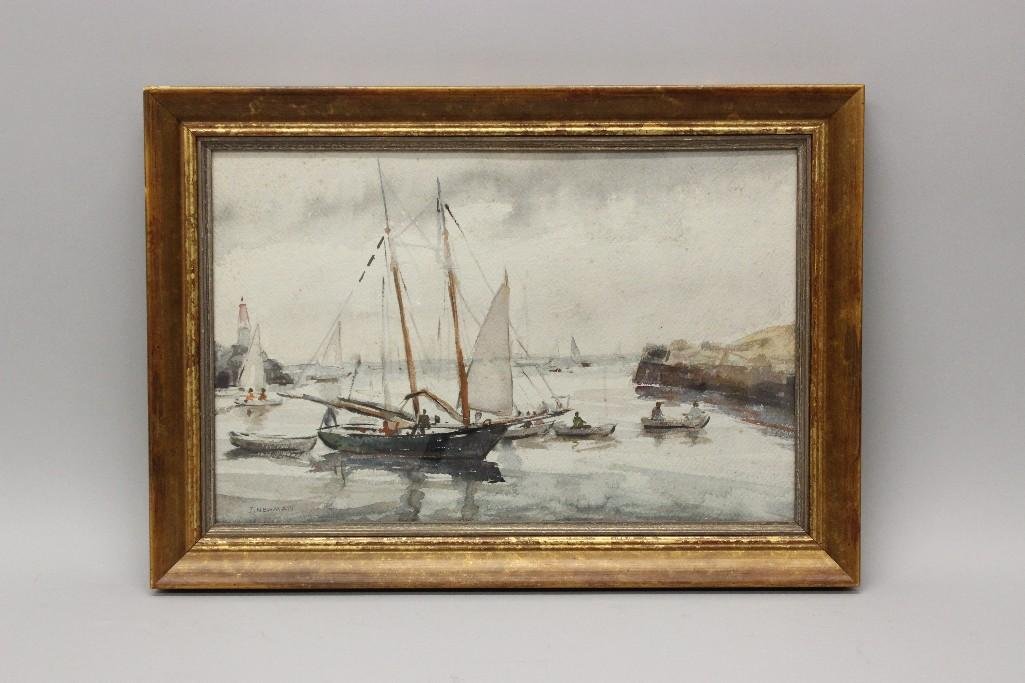 Joseph Newman (1890-1979, New York) Boats Near the: Watercolor. SLL. 10.5"h x 16.5"w