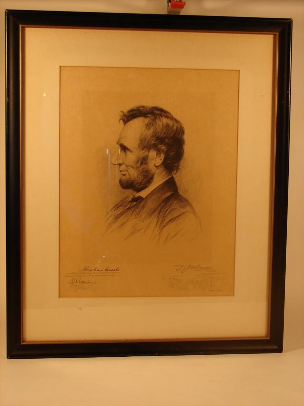 LINCOLN ETCHING BY THOMAS JOHNSON: Etching shows bust view of Abraham Lincoln's profile. Etching done for the Republican Club dinner on February 12, 1892. Etching labeled as "artist proof" and is penciled singed by Johnson. Sheet measu