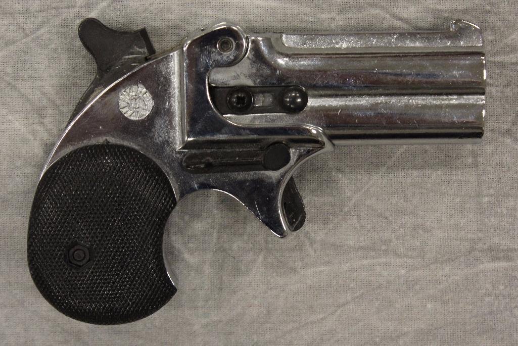 Replica Collectors Armoury Derringer Pistol: Nickel finish. Black grips. 