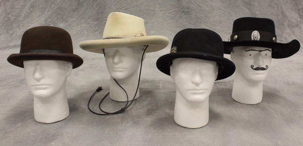 Lot of 4 Cowboy Hats: 2 Derby (1 black and 1 brown), Paladin, Lone Ranger. 