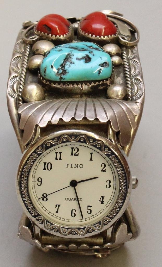 Native American Cuff Bracelet Watch by TINO: Sterling silver with turquoise and coral stone. Signed by artist. Quartz movement.