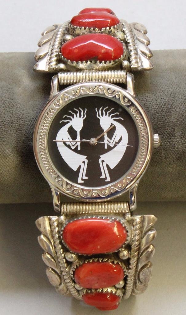 Native American Wrist Watch by TINO: Expansion band with sterling silver and coral. Signed by artist. 