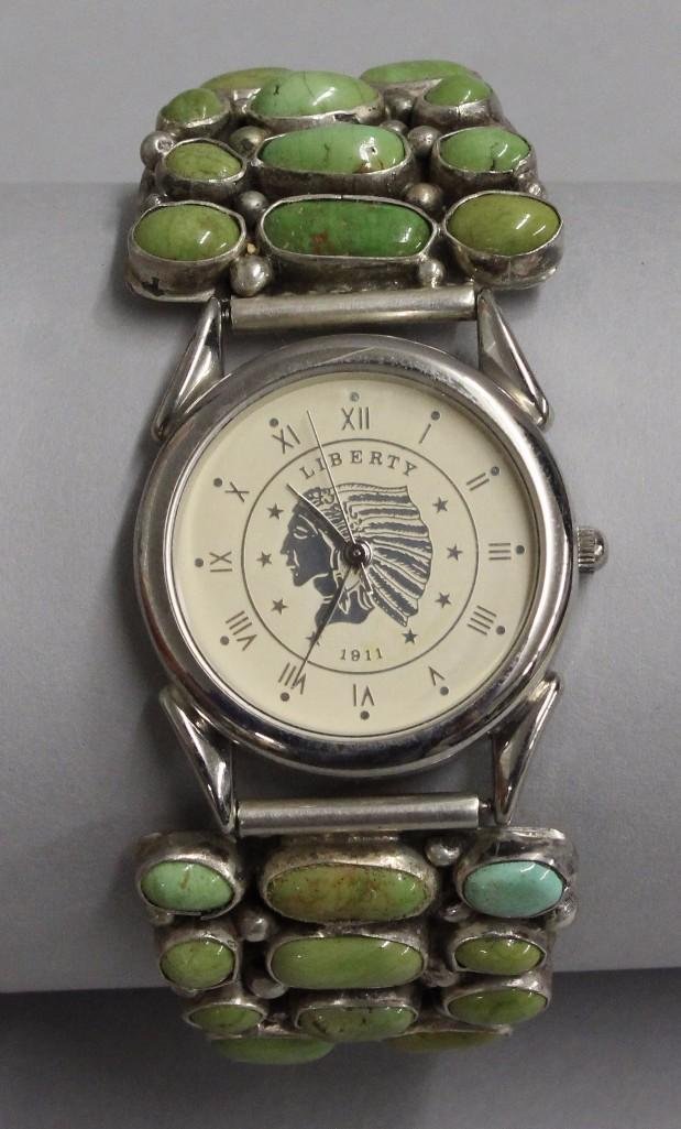Native American Wrist Watch by TINO: Expansion band with sterling silver and turquoise. Signed by "Russell Sam". 
