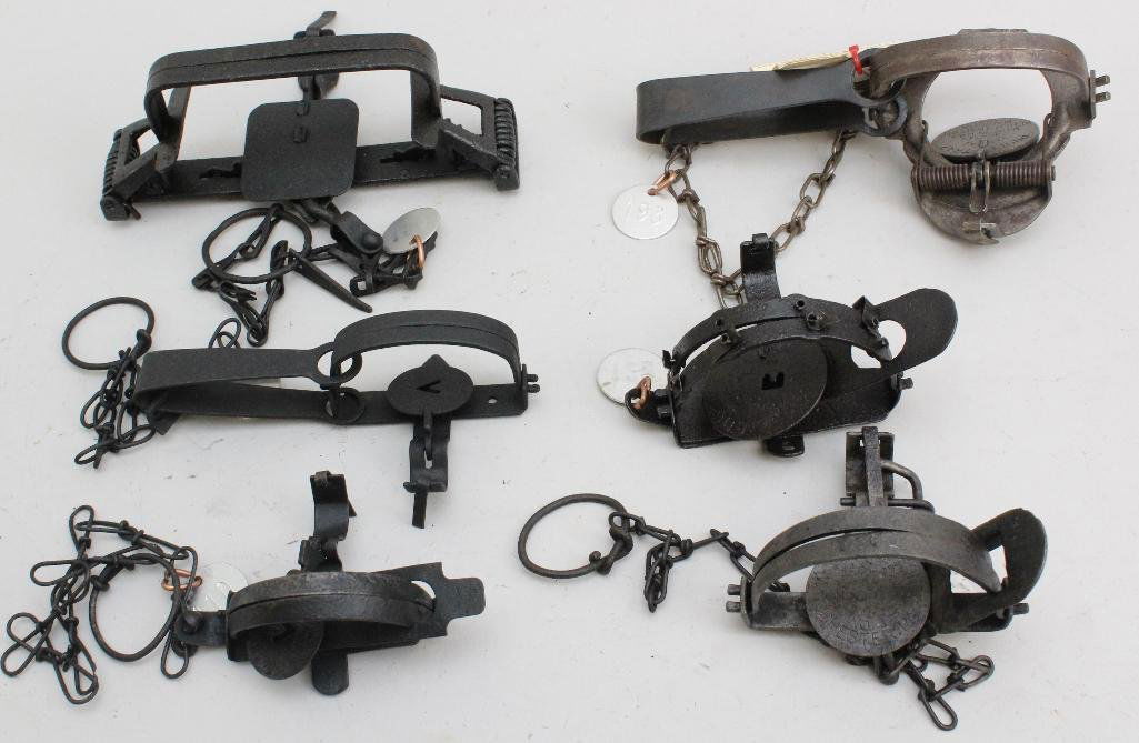 Lot of 6 Traps: Prott Trap #1 Triumph #2 Easy Set, Square Grip Champion (Briddell) B Cutout Cush in Grip #1 Jump W. A. Gibbs & Son King Bee #1 Victor #0 SLS Oneida Jump #0 Oneida Community W/V, Riveted Pan, Cast
