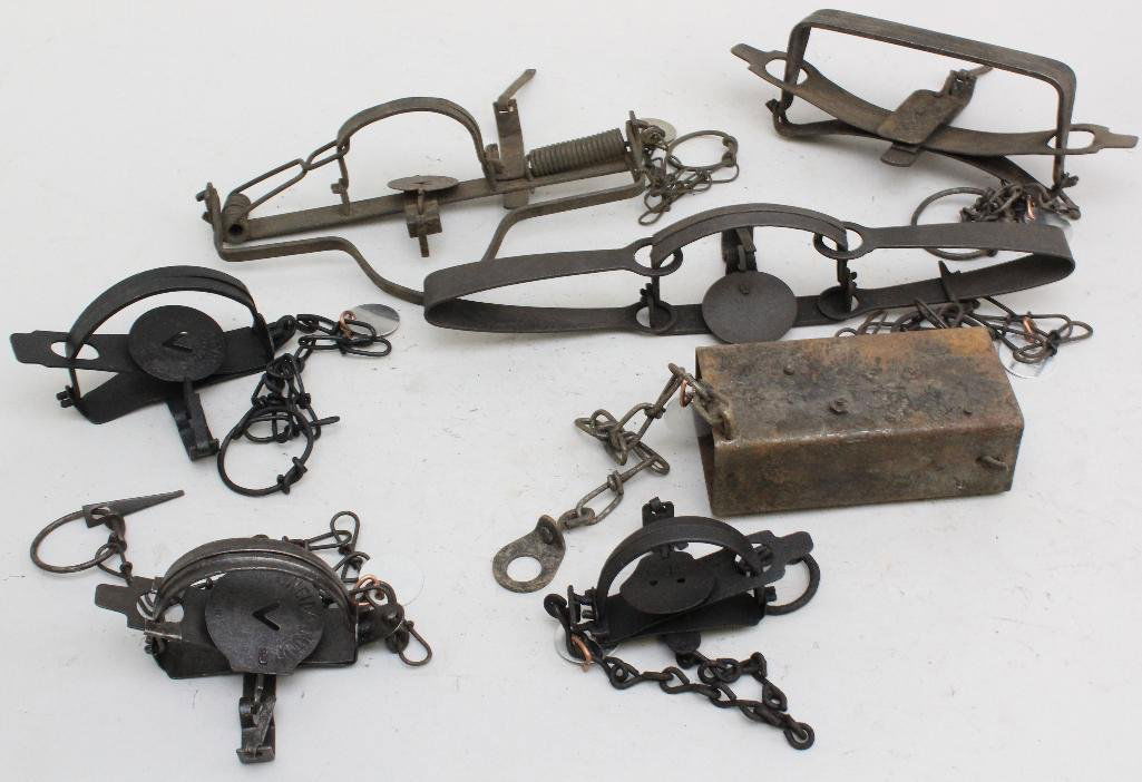 Lot of 7 Traps: Oneida Jump #1 ATC Steel Blake and Lamp #40 DUS Victor Louisiana Special Trap The Sure Grip #2 Pat Feb 25, 90 Belmont Steel Co, Cast Jaws Triumph Hjump #0 Skull Pan Oneida Jump #1 Oneida Community Mad
