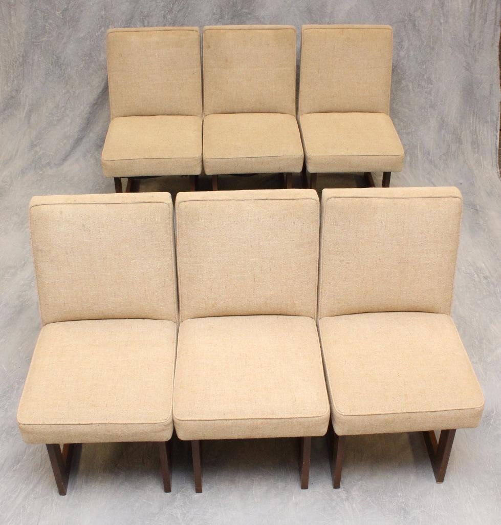 Set of (6) Vladimir Kagan Cubist Chairs: Vladimir Kagan Designs, New York, wood frames with chenille seats and backs, 35"h x 18"w x 17.5"d.