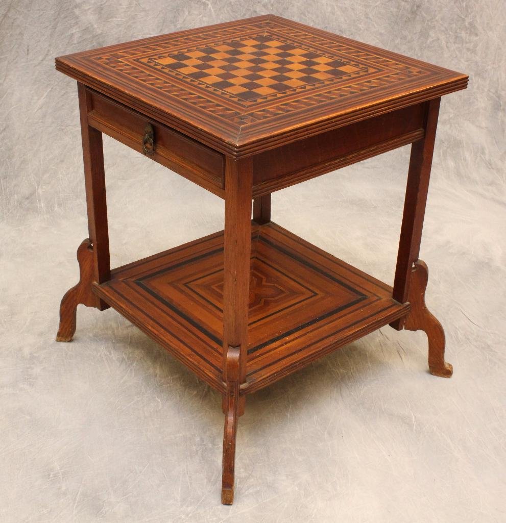 Games Table: Oak with two drawers, bottom tier scrolled feet, 27"h x 22"sq. one leg is loose at the pegs and needs to be reglued.
