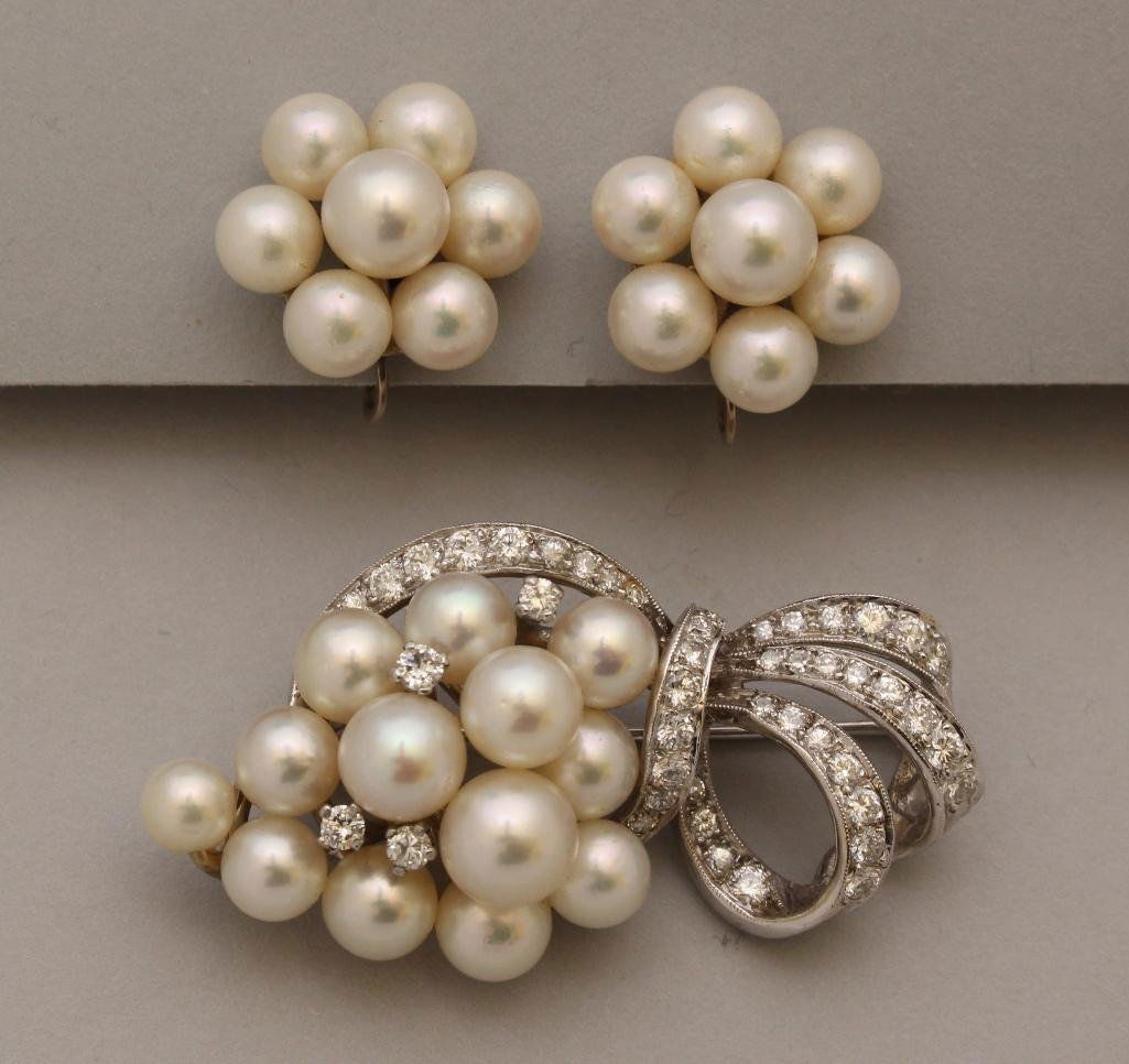 Rhodium Plated Gold Brooch with Pearl and Diamond, (1 of 3)