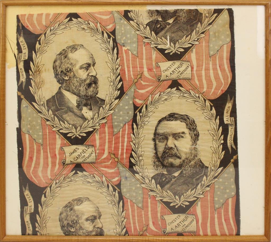 Presidential Campaign Fabric Fragment -1880-Garfield.: Cotton printed political fabric fragment measuring 24 1/2" x 23 1/2" featuring 15 star US flags with banners reading "UNION FOR EVER" AND "EQUALITY FOR ALL MEN". Left sid
