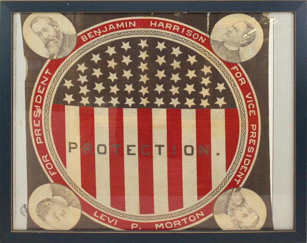 Presidential Campaign Bandana -1888- Harrison: Political campaign bandana in printed cotton for Benjamin Harrison and Levi Morton. Bandana measuring 23" x 23 1/2" features central stars and stripes design with word "PROTECTION."