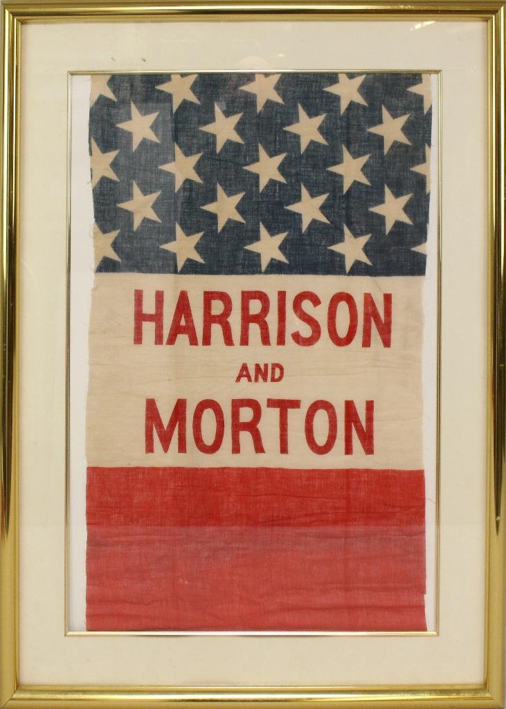 Presidential Political Banner/Fragment -1888- Harrison: Political banner/fragment printed on cotton measuring 31" x 20 1/2". Fabric features top section of white stars on blue field and bottom section of solid red with central white section featu