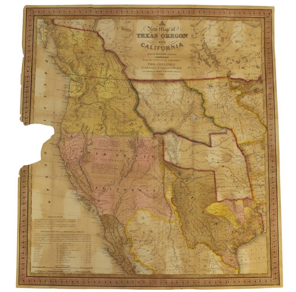Gold Rush Map 1846.: Folding travel map titled A New Map of Texas Oregon and California With The Regions Adjoining. Compiled from the most recent authorities, Published by S. Augustus Mitchell, Philadelphia, 1846 and ente
