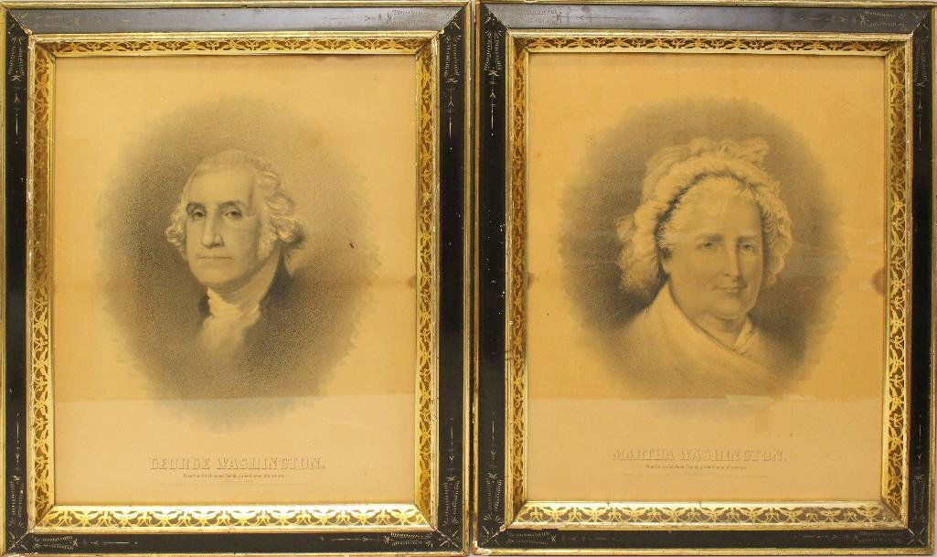 Pair of George and Martha Washington Prints.: Pair of lithograph black and white images of George and Martha Washington by J. H. Bufford's Sons, Boston copyrighted 1863. Images are after Gilbert Stuart's paintings of George and Martha Washington