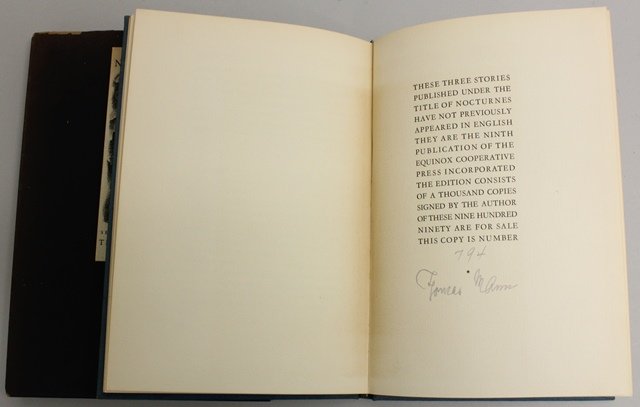 Book - "Nocturnes" Signed and Numbered by Thomas Mann.: Book titled "Nocturnes" by Thomas Mann with lithographs by Lynd Ward. Published by The Equinox Cooperative Press Inc. New York, 1934. Back page signed and numbered by author. Book housed in