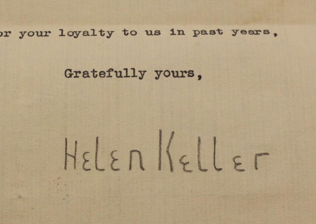 Helen Keller Autograph.: Typed letter signed by Helen Keller dated November 24, 1936 to Mr. Brosius regarding death of Anne Sullivan, instructor and lifelong companion of Helen Keller. Letter on 7111-112th Street Forest Hills