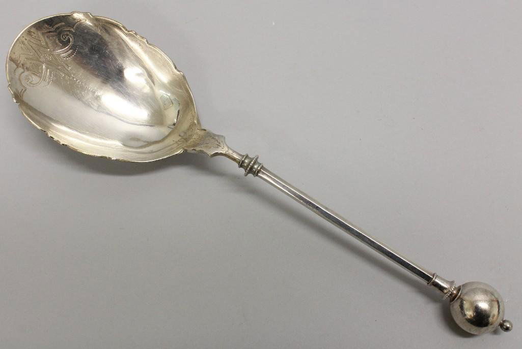 Sterling Silver George Sharp, Sphere Finial, Serving: Sterling silver George Sharp serving spoon, circa 1863. Cup of spoon embellished with dotted, foliate motif, with narrow handle and ball end. Marked "Patent 1863 GS Sterling". 10.5" lon