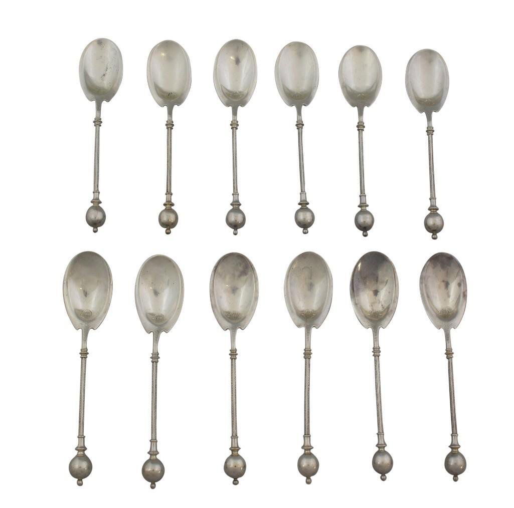 George Sharp for Tiffany & Co. Sterling Silver, Sphere: Sterling silver, George Sharp for Tiffany & Co. spoon set. Each spoon embellished with foliate design in spoon cup, narrow handle completed with polished ball end. Marked "Patent 1863, Tiffan