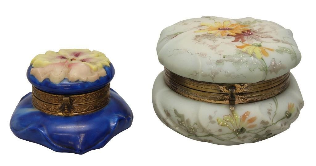 Wave Crest Blow-outs. Cobalt Blue and Handkerchief: Lot of two floral handpainted boxes. Handkerchief box is detailed with chrysanthemum painting on lid and front, satin lined. 4"h x 5.5"round. Cobalt box is glazed in cobalt blue, detailed wi
