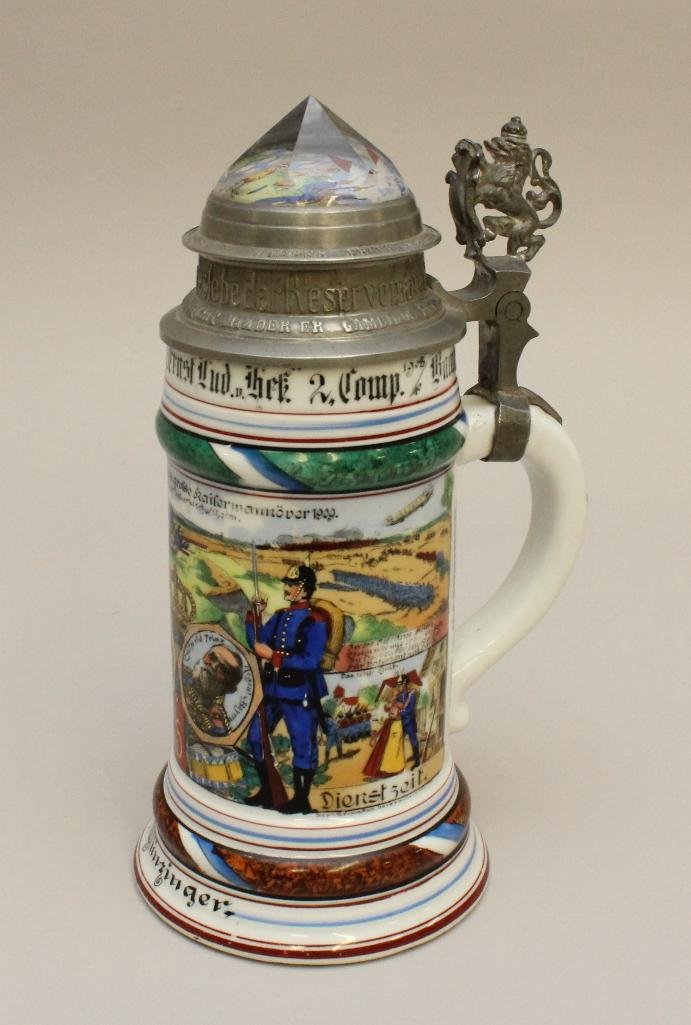 Regimental Stein with Prism Lid,: Porcelain regimental stein named for Josef Diinzinger. Painted sides, roster and lithophane. Lid features prism with Bavarian lion thumblift. good condition. 9.5&quo