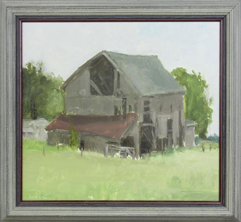 Stuart Shils (b. 1954, Pennsylvania) Barn: Oil on board. Signed "Shils 90" in lower left. 11"h x 12.5"w