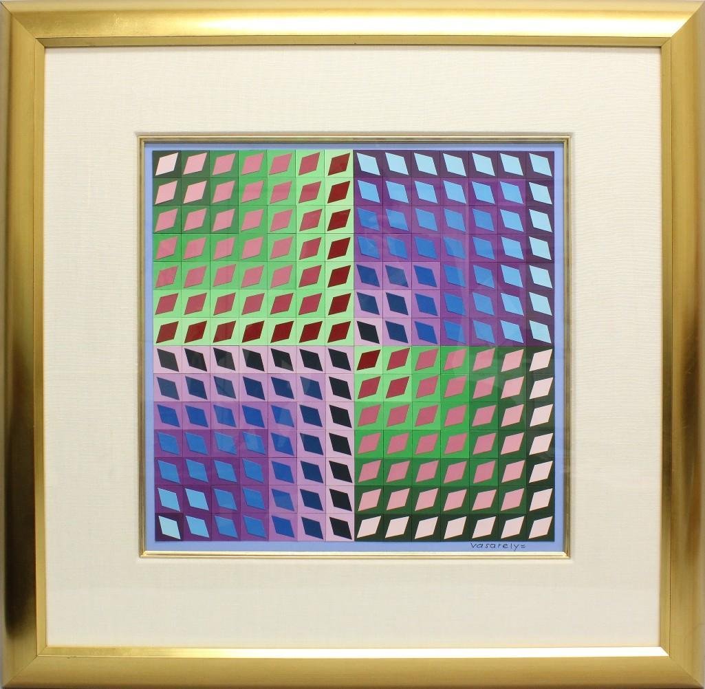 Victor Vasarely (1906-1997, France, Hungary) "Terem,: Collage. Signed "Vasarely" in lower right. Titled, signed and dated on reverse. This color study graphic is a mosaic of colored diamond paper swatches mounted on other square paper