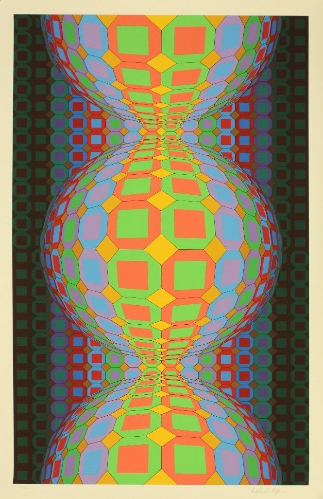 Victor Vasarely (1906-1997, France, Hungary) Multicolor: Limited edition silkscreen on paper. Signed "Vasarely" in lower right, numbered "88/250" in lower left. Unframed. 36.25"h x 20.5"w