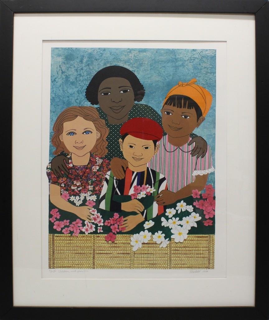 Elizabeth Catlett "Children with Flowers": Limited edition lithography signed artist proof III. Signed "E Catlett" in lower right and "AP III'" in lower left. Image depicts children in unity. 25.25"h x 18.25