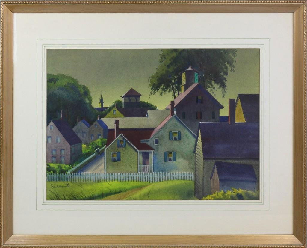 Sandor Bernath (1892-1984, New York, Maine, Hungary): Watercolor on paper. Signed "Sandor Bernath" in lower left. Peaceful small town scene with simple lines of saturated color, characteristic of the artist's style. 14"h x 17.25"w