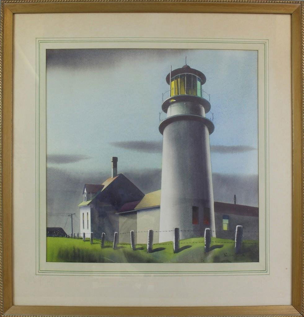 Sandor Bernath (1892-1984, New York, Maine, Hungary): Watercolor on paper. Signed "Sandor Bernath" in lower right. Vibrant yellow at the lighthouse torch with saturated color application in a simple shoreline setting. 17"h x 17.5"w