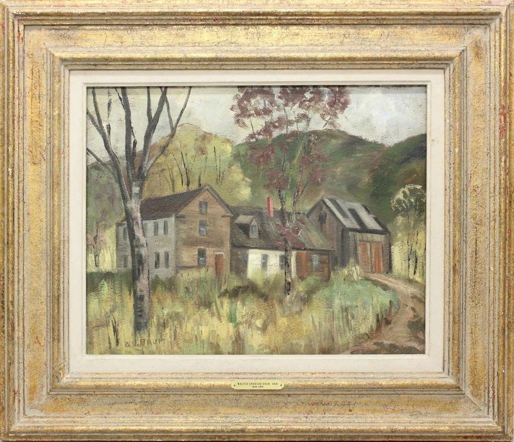 Walter Emerson Baum (1884-1956, Pennsylvania) "New: Oil on board. Signed "W.E. Baum" in lower left. Titled on reverse, retains the original artist made frame. 16"h x 20"w