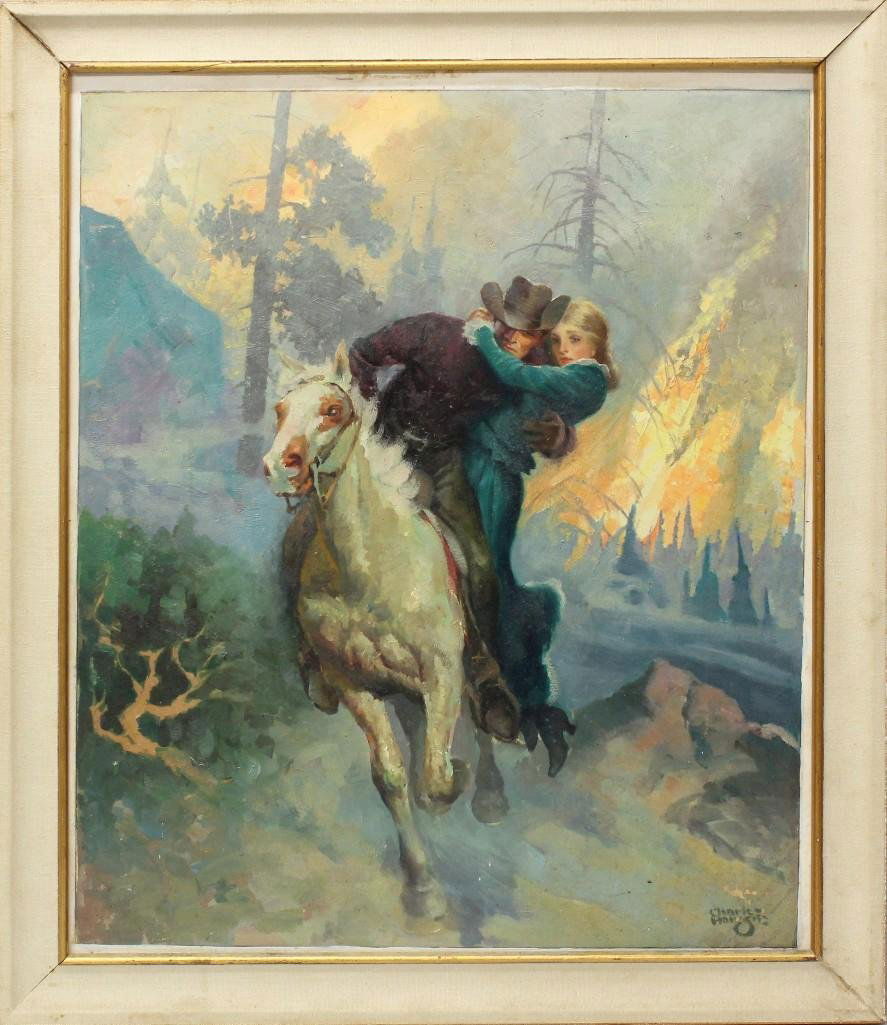 Charles Hargens (1893-1997, Pennsylvania) "Brief: Oil on board. Signed "Charles Hargens" in lower right. Illustration titled and signed on reverse. Illustration of a rescue, with burning forest in the background. Paint loss near signat