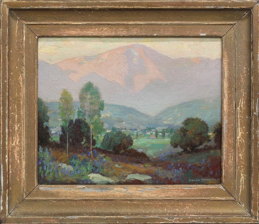 Alfred Richard Mitchell (1888-1972, California): Oil on board. Signed "Alfred Mitchell" in lower right. Title in artist's hand on reverse. Soft pink hues on the mountainside and pastel blue-greens characterize this impressionistic landscap