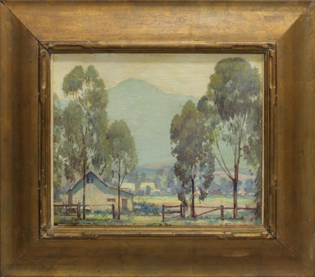 Alfred Richard Mitchell (1888-1972 California): Oil on board. Signed "Alfred Mitchell" in lower left. Titled and signed on reverse. Arts and crafts gold frame. The ranch scene is depicted in light, bright greens of morning sun. Painting h