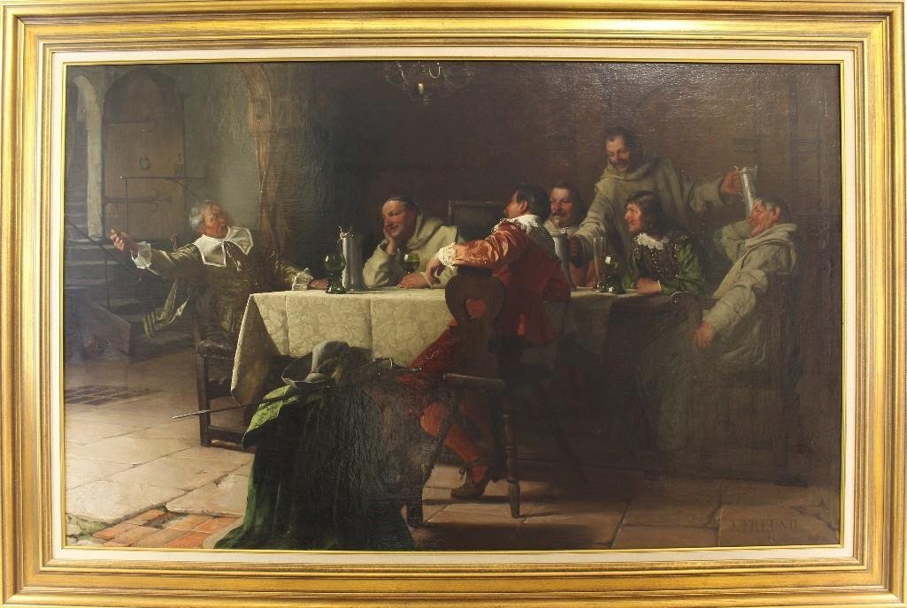 Fritz Freund (1859-1942, Germany) The Storyteller: Oil on canvas. Signed "F Freund" in lower right. Scene of men seated around the table, listening to the grand story. 29"h x 46"w