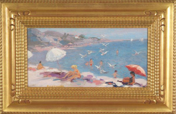 Paulette Van Roekens: Beach scene, figures and gulls along the coast, oil on canvas, 10"x19", SLL, "P. Van Roekens". Artist: Pennsylvania, 1896-1988. Condition: relined. $10,000-15,000