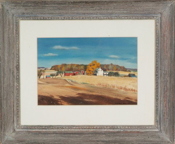 Ranulph Bye: Bucks County farm, autumn landscape, watercolor, 13 1/2"x20 1/2", SLR, "Ranulph Bye 1951". Artist: Pennsylvania, 1916-2003. $2,000-3,000