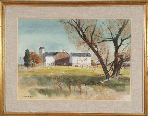 Ranulph Bye: Bucks County farm scene, watercolor, 20 1/2"x28 1/2" site, SLL, "Ranulph Bye". Artist: Pennsylvania, 1916-2003. $1,500-2,000