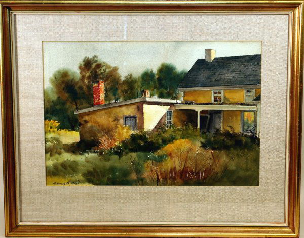 Ranulph Bye: Yellow house, summer, watercolor, 14 1/2"x21" site, SLL, "Ranulph Bye". Artist: Pennsylvania, 1916-2003. $1,200-1,800