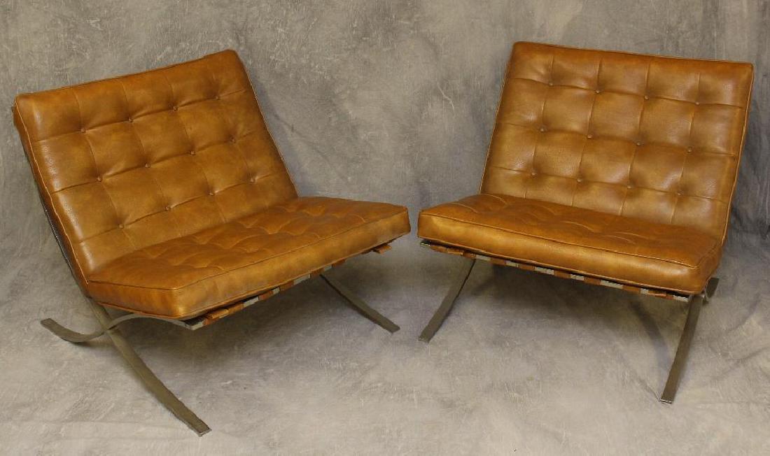 Attributed to Ludwig Mies van der Rohe for Knoll: (2) Pair of Mid-Century Modern Barcelona Lounge Chairs, light brown leather seats and backs, bent chrome frames, 30"h x 30"w x 24"d. Chairs come from a smoking household.
