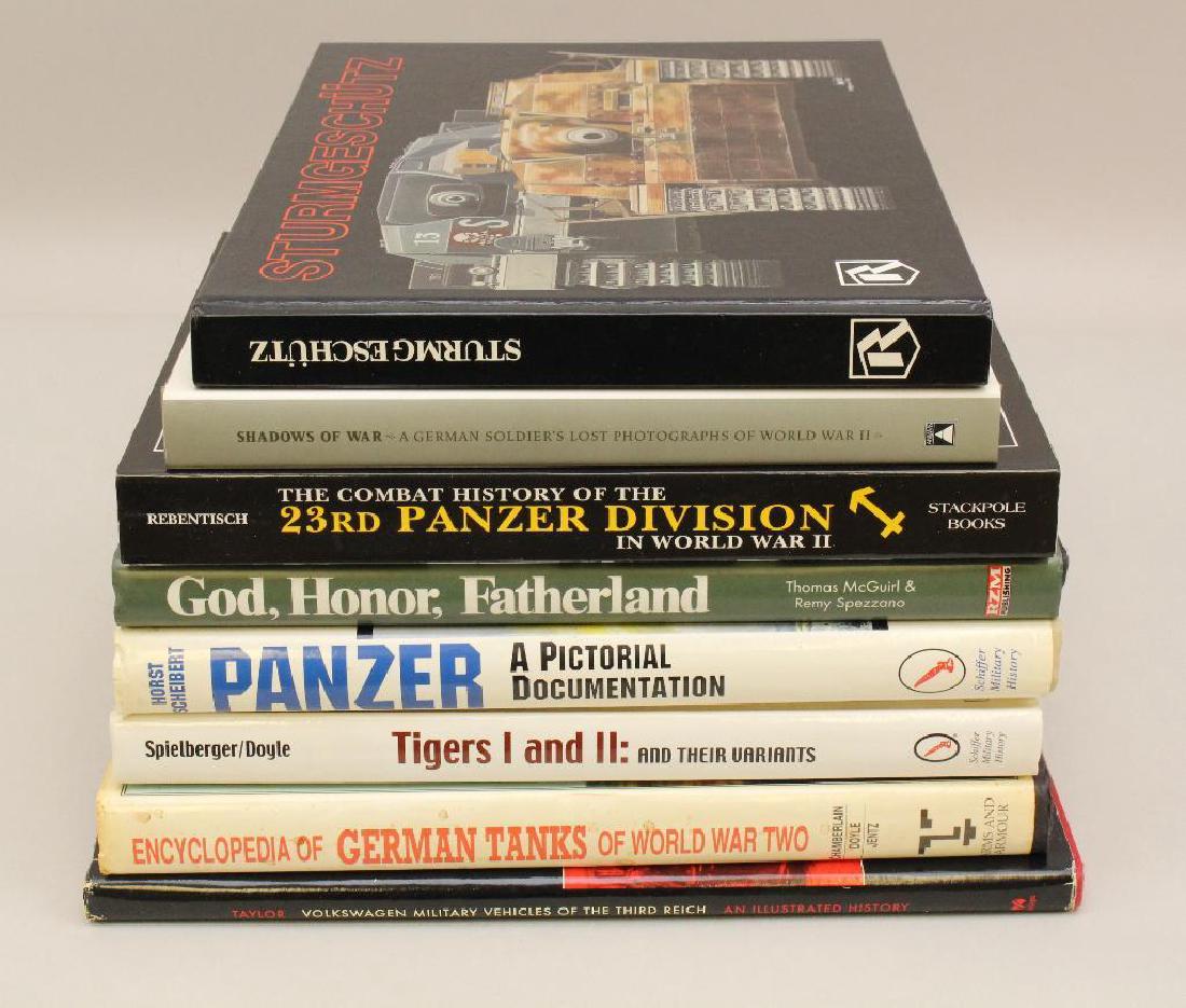 Grouping of Military Books-8pcs: Grouping of 8 military related books including; Encyclopedia of German Tanks of WWII by Chamberlain (1994), Volkswagen Military Vehicles by Taylor (2004), 23rd Panzer Division by Rebentisch (2012), Pa