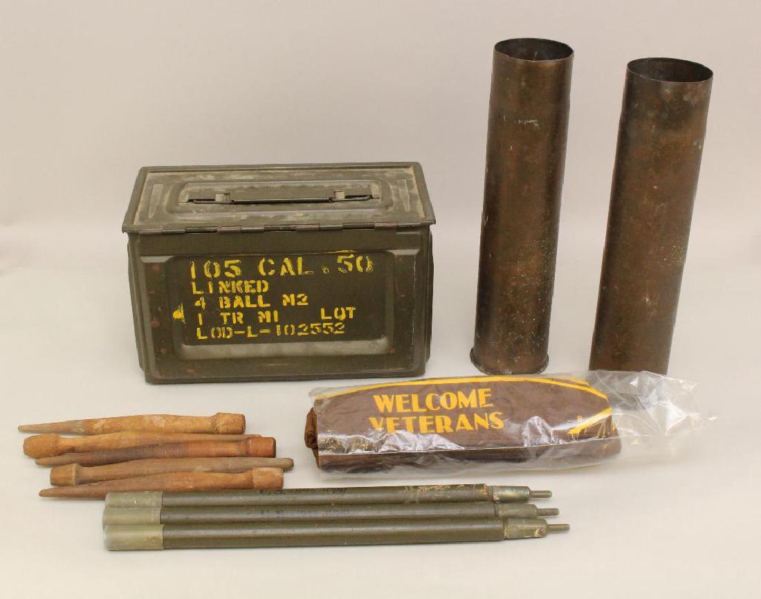 Misc. Military Items: Grouping of misc. military items including; 1.) 50cal ammo box, 2.) Pair of 75mm shell casings, 3.) US tent stakes and poles, 4.) Six felt "Welcome Veterans" hats.