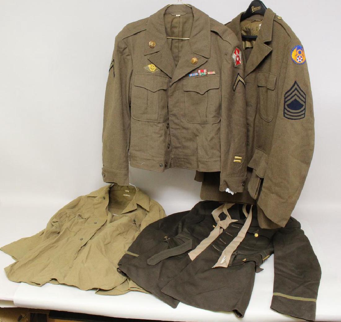 WWII Uniforms: Grouping of World War II uniforms including 8th Army Air Force Coat and Infantry "Ike" jacket.