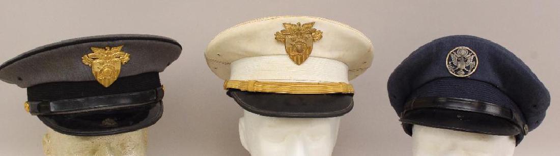 Grouping of US Military Visor Hats: Grouping of United States military visor hats including; 1.) Gray West Point cadet, 2.) White West Point cadet, and 3.) Air Force-enlisted with some mothing.