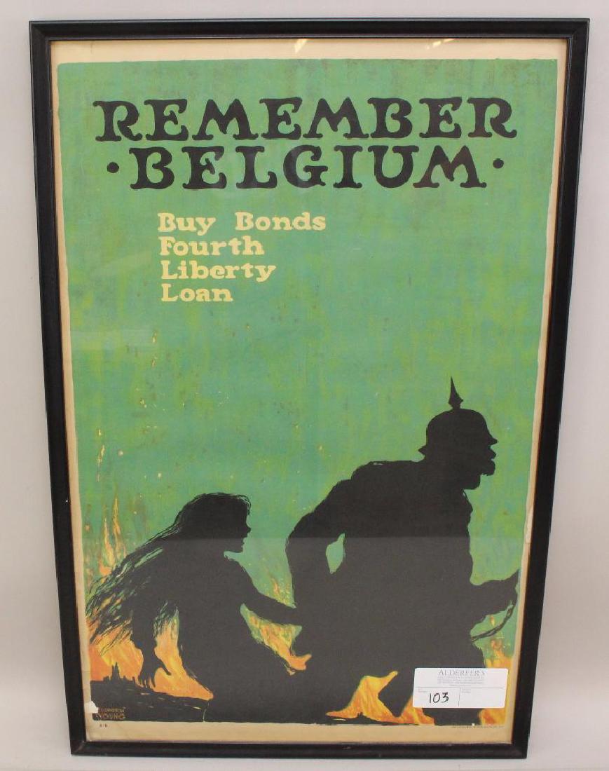 World War I Poster: United States World War I poster with text "Remember Belgium, Buy Bonds, Fourth Liberty Loan" by Young. Poster is framed and measures 29.5" x 18.5"and exhibits some edge chips.