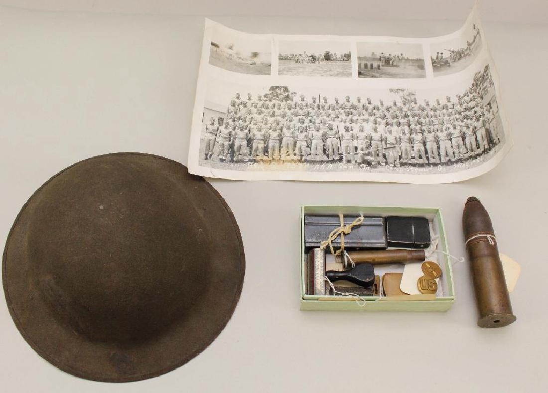 Misc. Military Items: Grouping of military items including; 1.) World War I helmet, 2.)WWI 37mm shell and projectile (inert), 3.) Grouping of items related to military service of William Hammons-1950's.