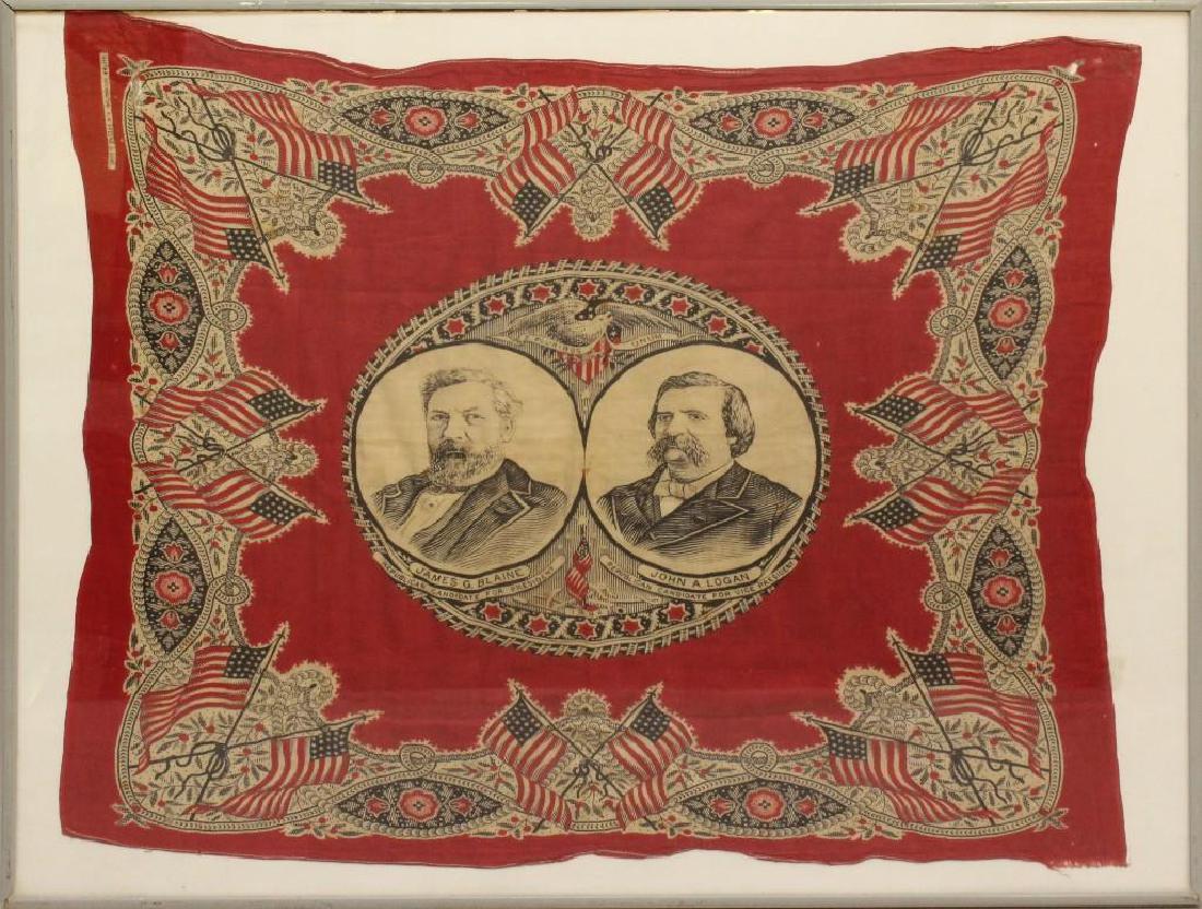 Presidential Political Bandana -1884- Blaine: Political campaign bandana in printed cotton for James G. Blaine and John A. Logan. Bandana measuring 18 1/2" x 21" and features exterior border of crossed American flags with rope and floral design w