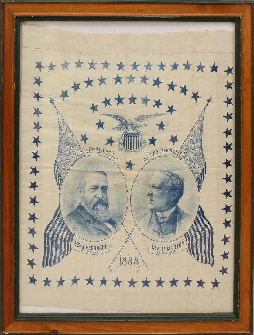Presidential Campaign Bandana -1888-Harrison: Political campaign bandana in printed silk for Benjamin Harrison and Levi Morton 1888. Bandana measuring 20" x 20" and features exterior border of stars and text "1888". Central portion of Bandana fea