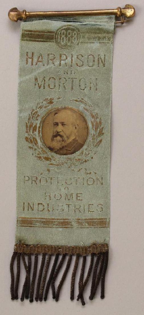 Presidential Political Ribbon - Harrison and: Campaign ribbon for 1888 election featuring ribbon measuring 5" x 2" with text "1888 Harrison & Morton Protection to Home Industries". Central portion of ribbon features 1" circular albumin photog