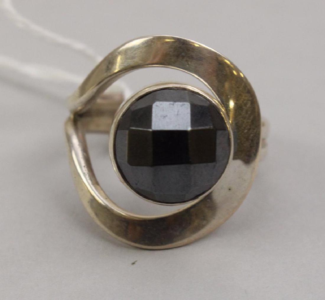 STERLING RING. DDD. MEXICO. HEMATITE: 12MM ROUND WITH CHECKERBOARD TOP. SIZE 9.