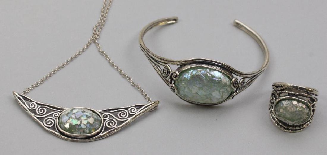 STERLING NECKLACE, BRACELET, RING. ISRAEL. ROMAN GLASS (1 of 1)